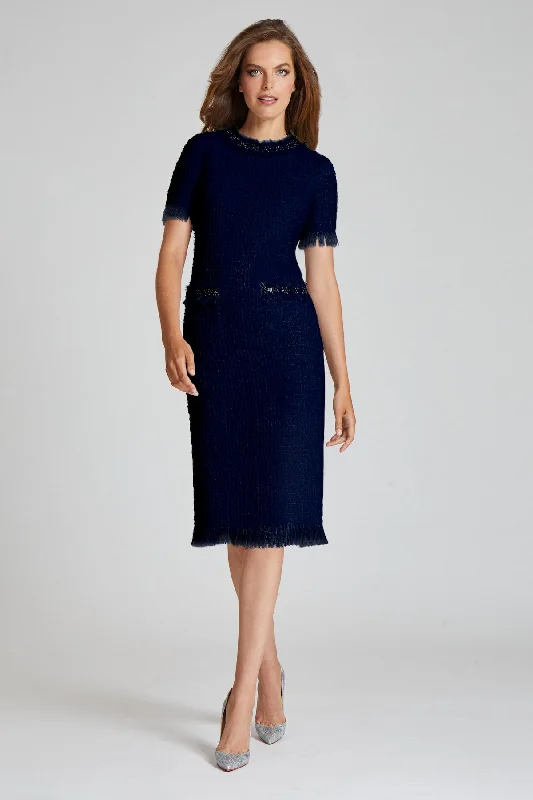 Tweed Fringe Bead Trim Pocket Dress Tunics Versatile all-occasion
