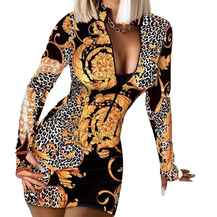 New Fashion Arrival Plus Size Women Long Sleeve Sexy Bodycon Deep V Neck Dress Slim Fit Elegant Print Evening Dress Tunics Chic fashionable