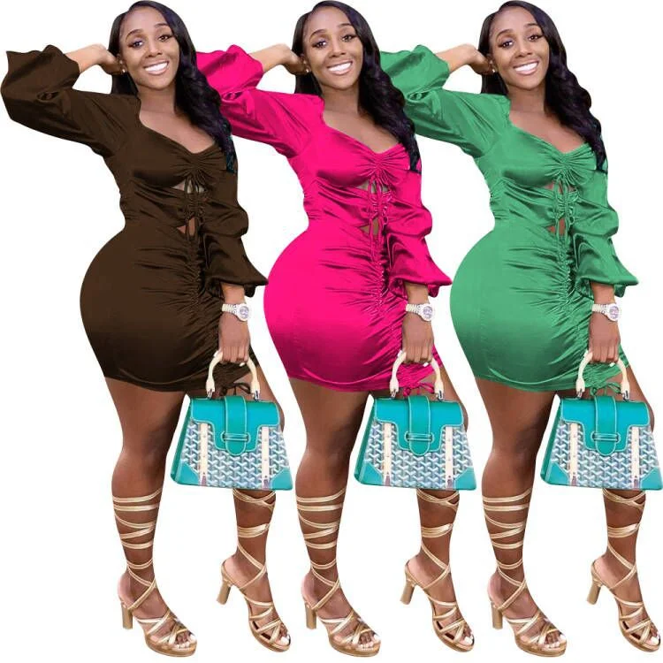 Dropshipping Wholesale dresses women lady elegant women clothing lace up ruched long sleeve ladies dresses Tunics Exclusive limited