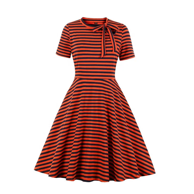 Elegant Casual Vintage Woman O-neck Knee-length A-line Horizontal Striped Dresses Striped Short Sleeve Tether Elasticity Dress Tunics Corduroy durable