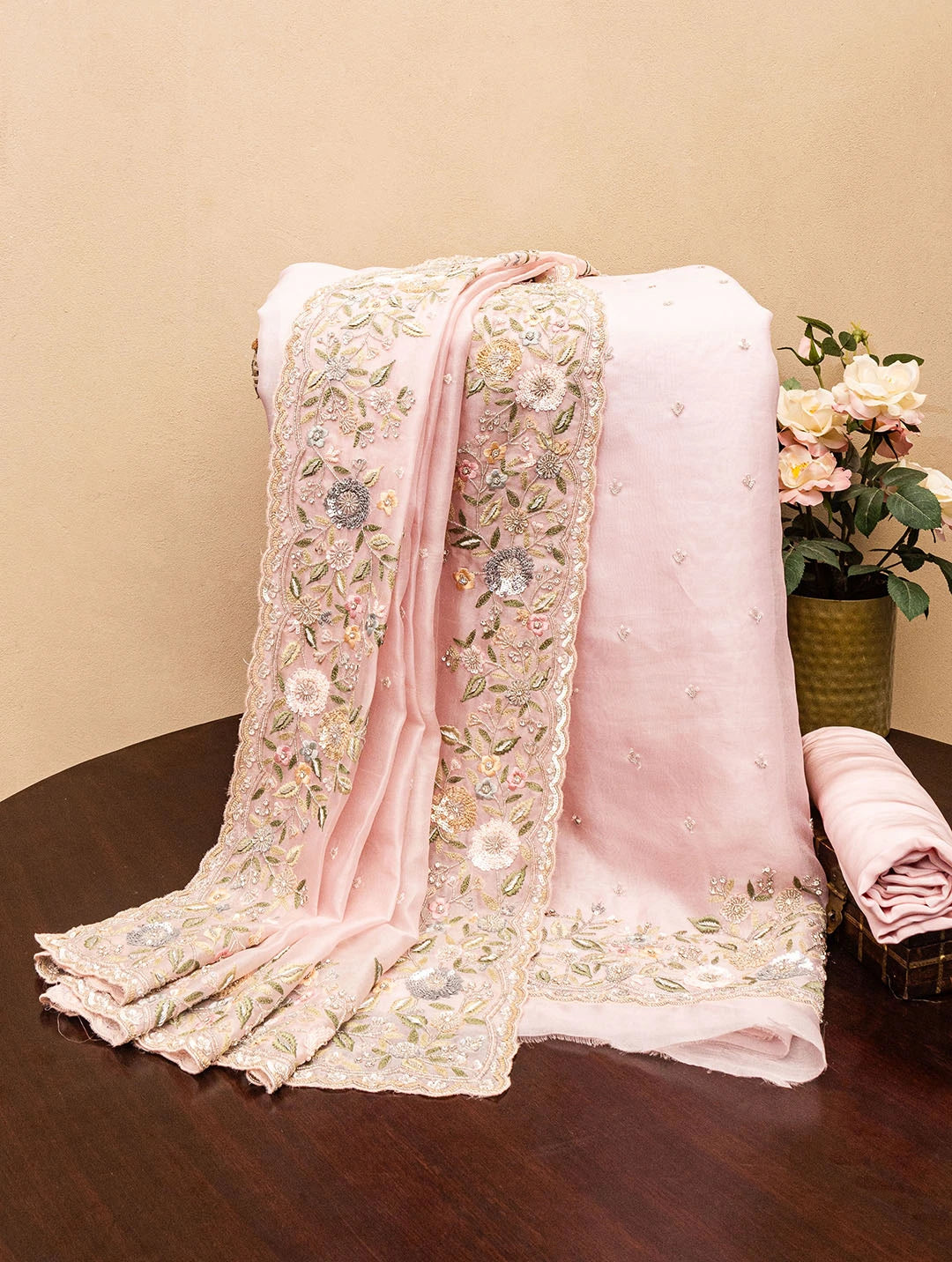 Embroidery Organza Baby Pink  Dress Material Tunics Sophisticated sleek