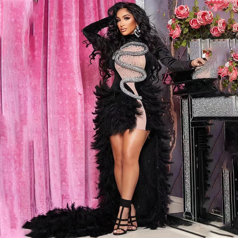 Clothes Wholesale Suppliers Sparkly Snake Rhinestone Formal Evening Dress Black High Neck Elegant Party Wear Gown For Women Tunics Stylish modern
