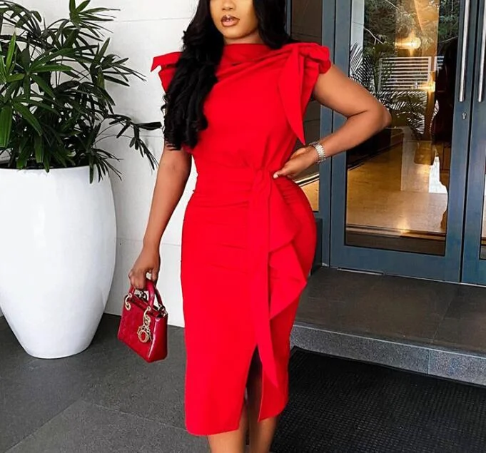 Summer Trendy Red Elegant Bowtie Ruffle Party Lady Career Office Dress Tunics Brand named