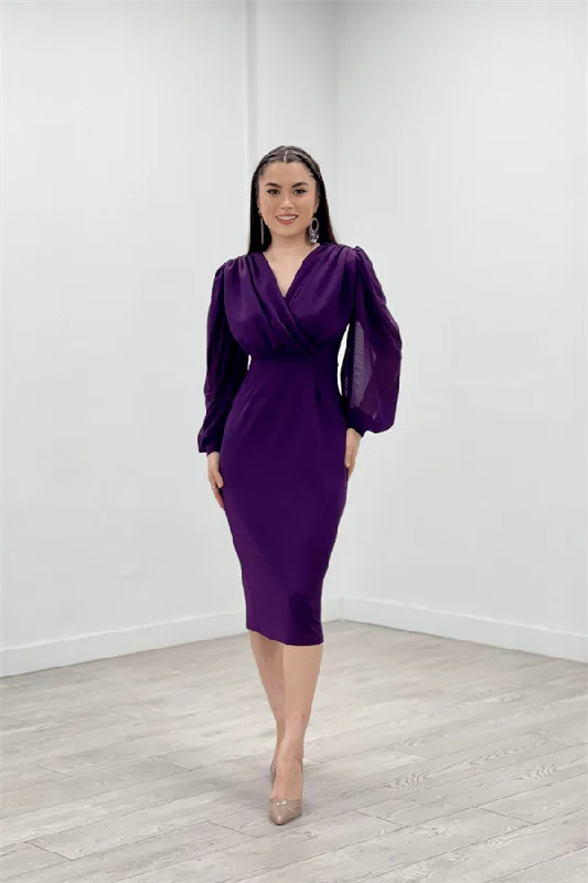 Crepe Fabric Arms Tulle Pen Dress - Eggplant Purple Tunics Stylish elegant