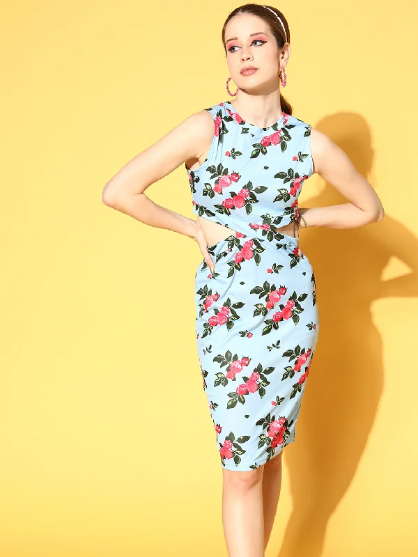 Women Blue Floral Side Cut Out Dress Tunics Versatile all-occasion