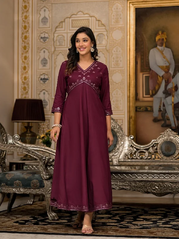 Wine Mirror Embroidered Liva Rayon Dress For Women With Sequins Tunics Evening elegant Wine Mirror Embroidered Liva Rayon Dress For Women With Sequins Tunics Evening elegant