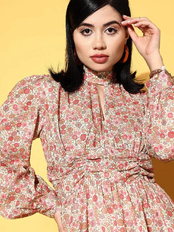 Women Beige & Pink Ditsy Floral Cuff Sleeves Dress Tunics Bridal satin