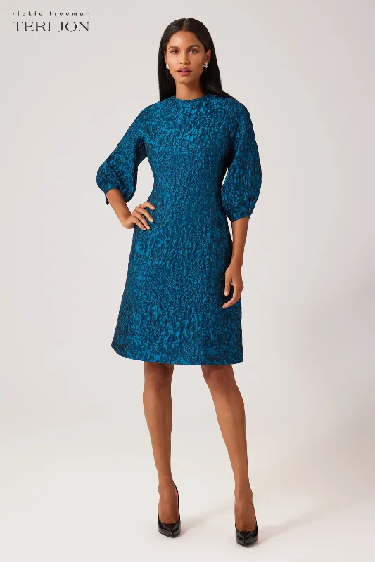 Textured Floral Jacquard Balloon Sleeve Dress Tunics Formal black