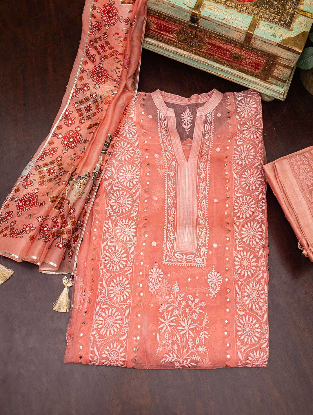 Embroidered Coral Pink Organza Dress Material Tunics Print Colorful
