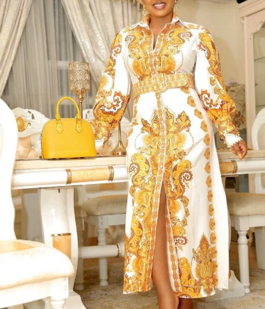 Autumn Printed Long Sleeves Gold White Elegant Lady Casual Dresses Off-the-shoulder Chic Trendy