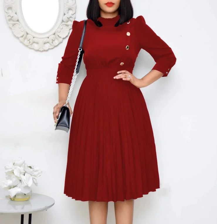High Waist Button Soild Elegant Pleated Women Office Career Dresses Tunics Stylish elegant