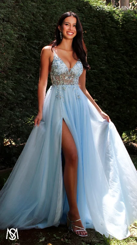 Lila - Light Blue Formal dress | Sheer Beaded floral V neckline tulle gown Tunics stripes playful