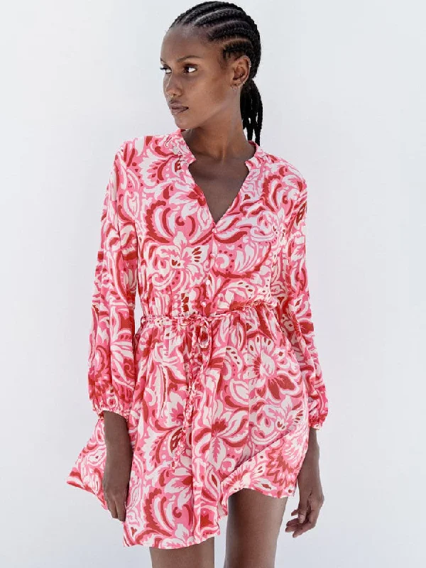 Pink Floral Print A Line Dress Tunics Seasonal trendy