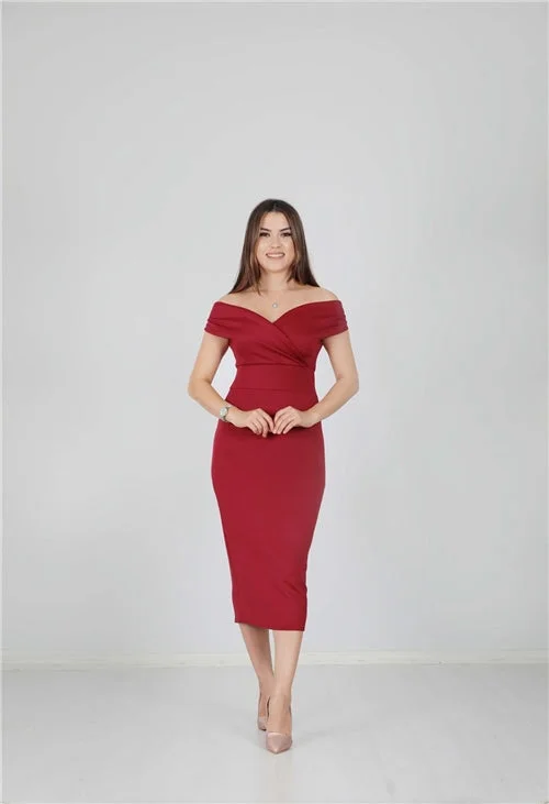 Kayık Collar Pen Dress - Burgundy Tunics Ceremony elegant