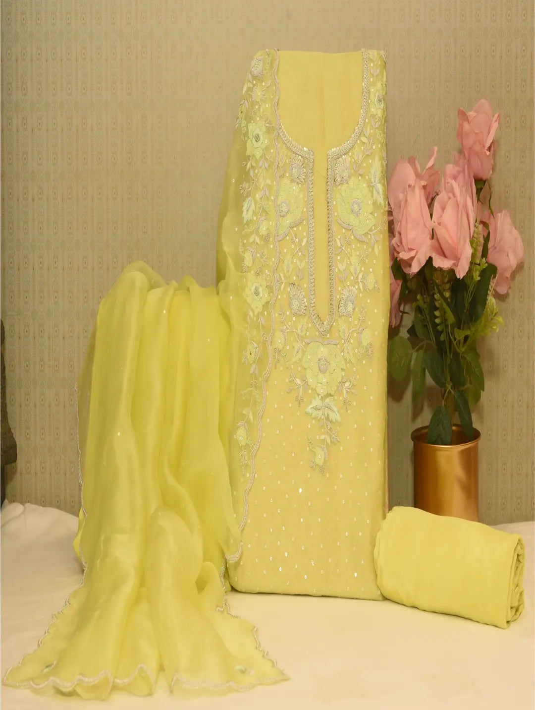 Lime Yellow Organza Dress Material Tunics Chic elegant