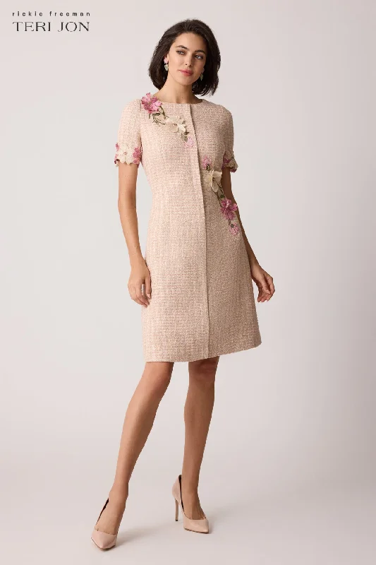 Tweed Diagonal Floral Applique Dress Tunics Luxurious high-end