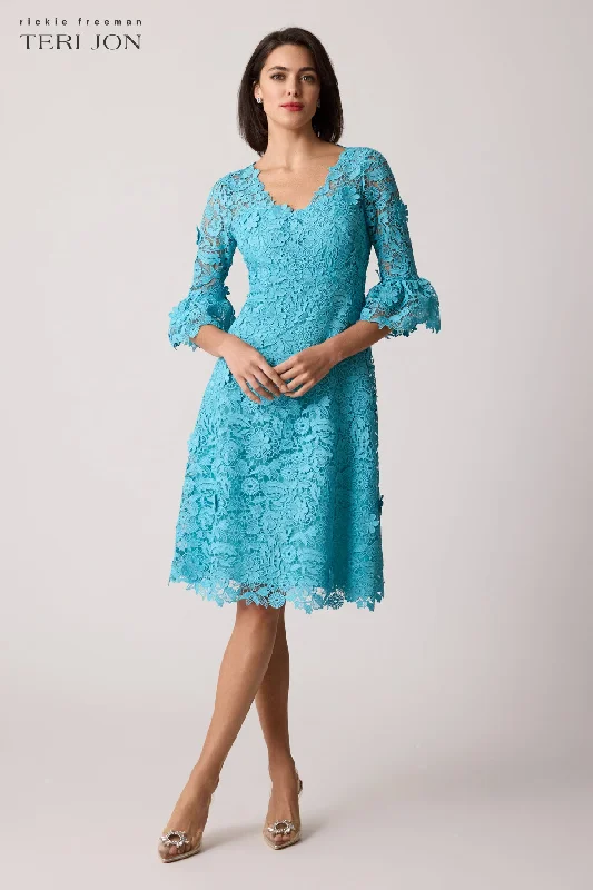 3D Flower Crochet Lace Dress with Flounce Cuffs Tunics Distressed trendy