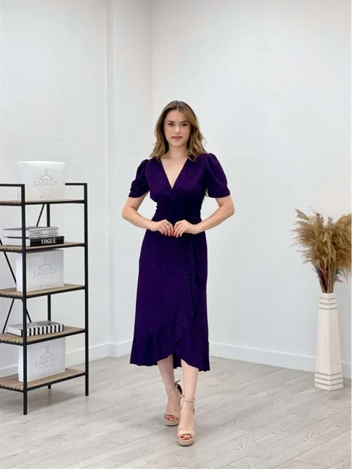 Imported Silvery Fabric Belt Detailed Midiboy Dress - Eggplant Purple Tunics Solid Classic