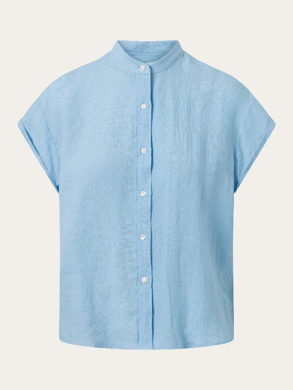 Collar stand short sleeve linen shirt - Airy Blue-- Mesh Canvas Denim