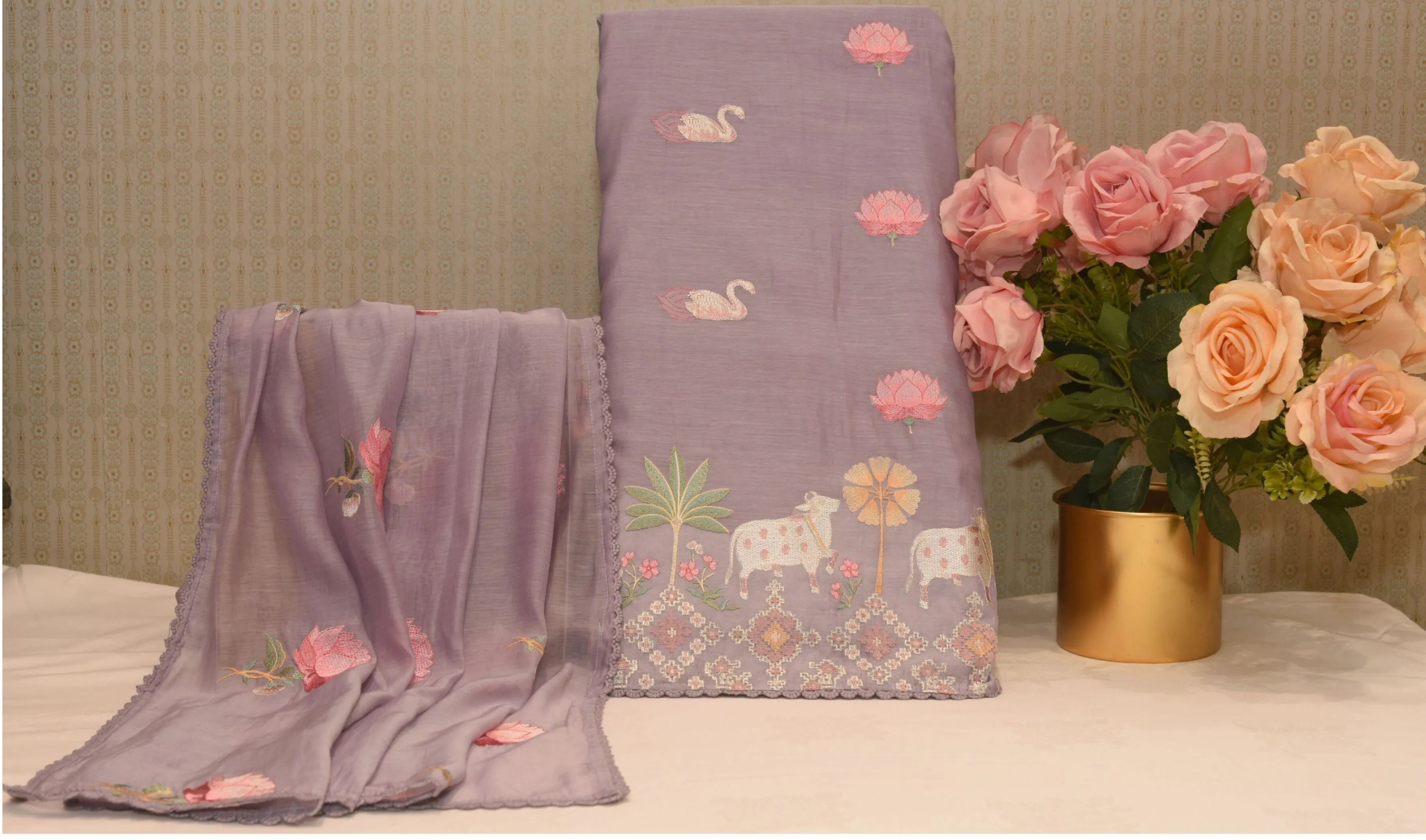 Embroidered Lilac Silk Dress Material Tunics Business professional