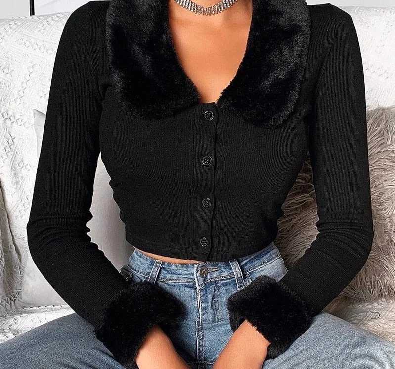 Black Long Sleeve Women Fluffy Turn-down Collar Button  Women Shirt Warm Cropped Top Slim Elastic Casual Tops-- Fashionable Trendy Casual
