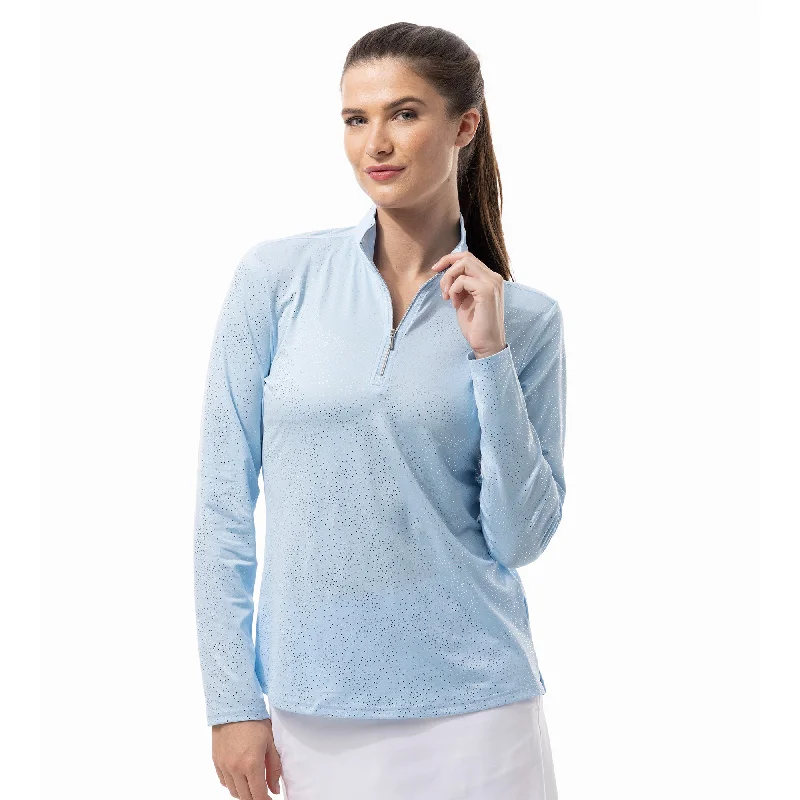 SanSoleil Solshine Foil Print Confetti Mock Womens Long Sleeve Sun Shirt-- Welt Pockets Slit Pockets