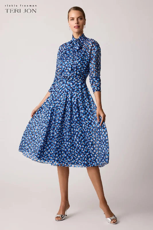 Polka Dot Chiffon Tie Neck Belted Dress Tunics Silk luxurious