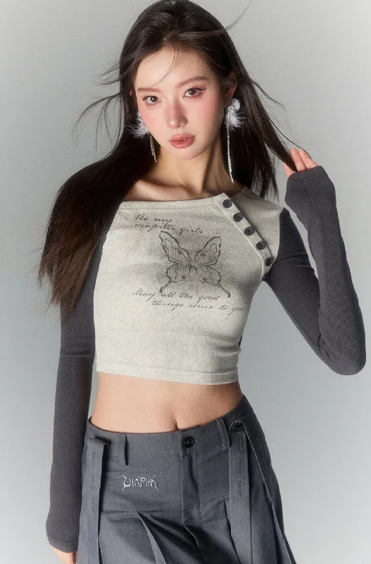 Butterfly Contrasting Off-shoulder T-shirt VIA0038-- Mesh Canvas Denim