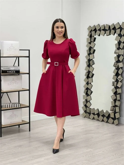 Crepe Fabric Belt Detailed Dress - Burgundy Tunics Brand named