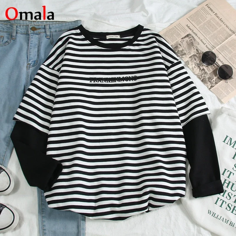 Women's t-shirts letters stripe Patchwork top O-Neck long sleeve Students t-shirt harajuku oversized Casual T shirt-- Spandex Blend Rayon Blend Denim Blend Women's t-shirts letters stripe Patchwork top O-Neck long sleeve Students t-shirt harajuku oversized Casual T shirt-- Spandex Blend Rayon Blend Denim Blend