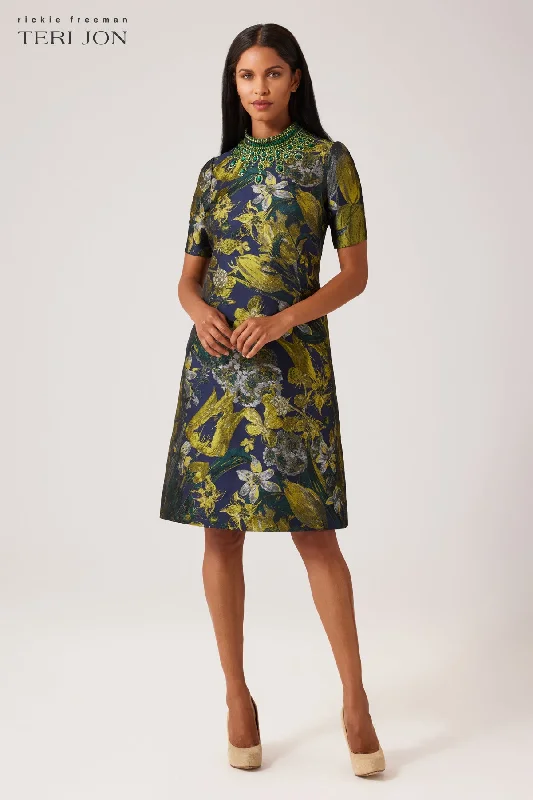 Floral Jacquard Bead Mock Neck A-Line Dress Tunics Trendy modern