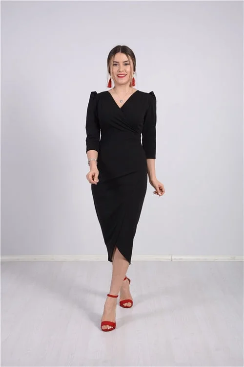 Crepe Fabric Midi Size Dress - Black Tunics Vintage classic