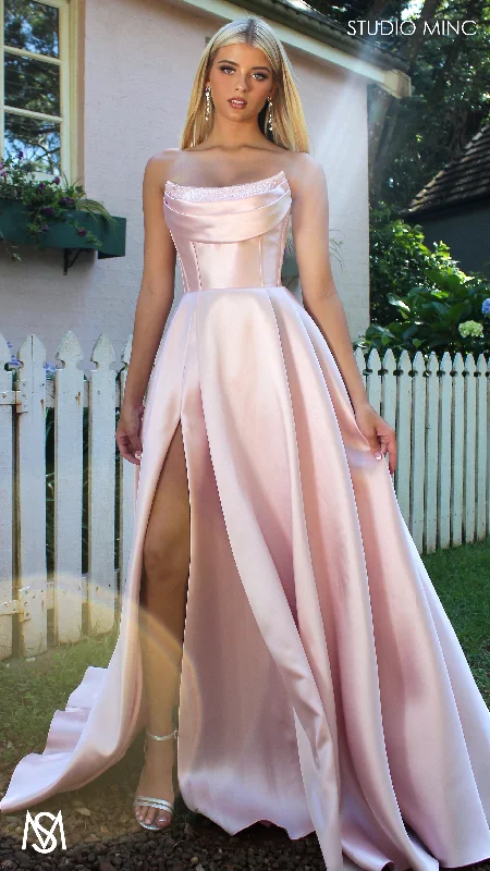 Honey - Light Pink formal Dress | Strapless corset pearl detail Mikado satin ball gown Tunics Sophisticated sleek