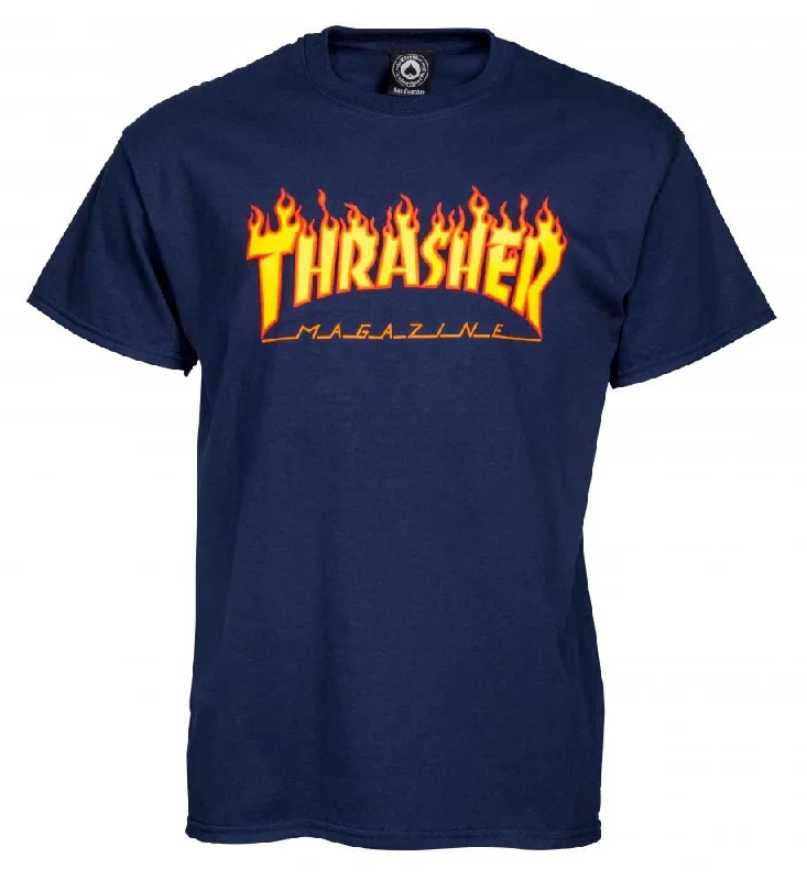 Thrasher T-Shirt Flame Logo - Navy-- Spandex Blend Rayon Blend Denim Blend