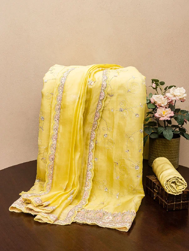 Embroidered Organza Yellow  Dress Material Tunics Fashionable trendy