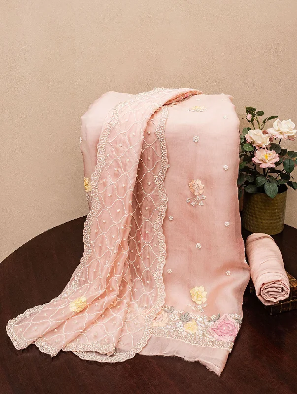 Embroidery Organza Peach Pink  Dress Material Tunics Luxurious premium