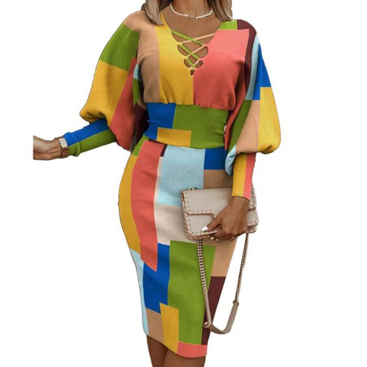 Winter Fashion Print Dress Women Sexy V-Neck Long Sleeve Pencil Dress Elegant Temperament Slim Dress Women Tunics Luxurious premium