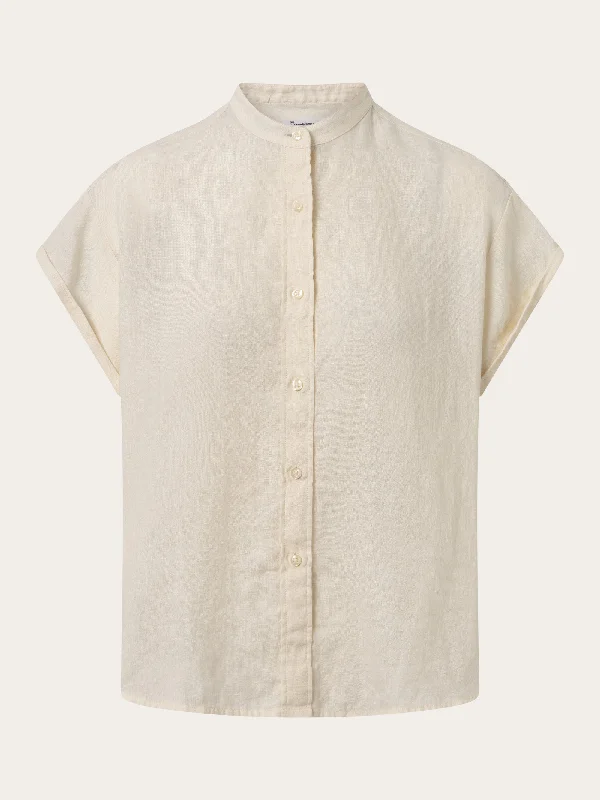 Collar stand short sleeve linen shirt - Buttercream -- Basic T-Shirt Crew Neck Short Sleeve