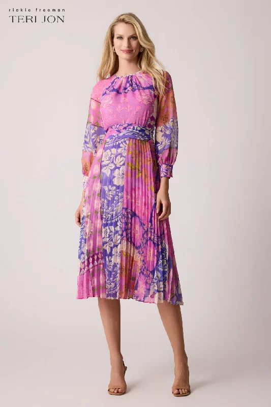 Chiffon Floral Pleated Belted Dress Tunics Stylish modern