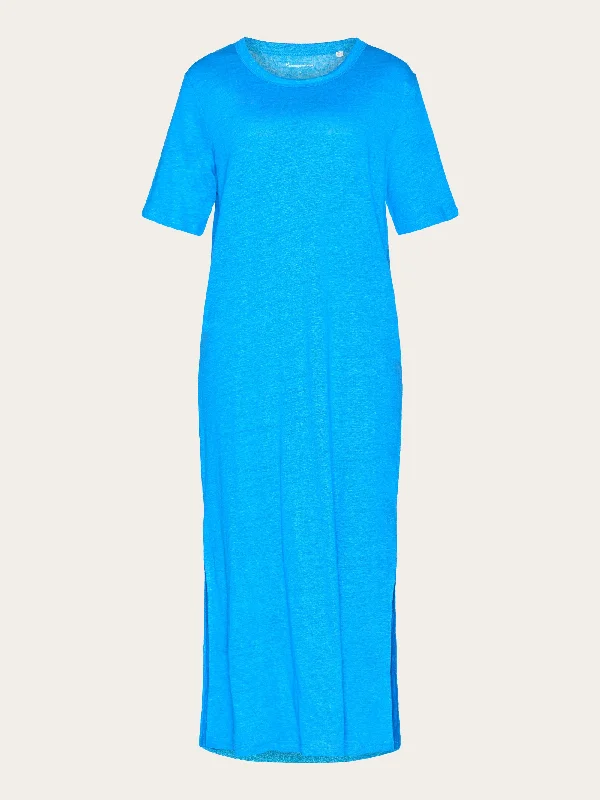 Linen short sleeved t-shirt dress - Malibu Blue-- Collared T-Shirt Boat Neck A-Line
