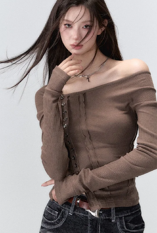 Buttoned Shoulder Splicing Long-sleeved T-shirt VIA0052-- Hooded Caped Shawl Collar