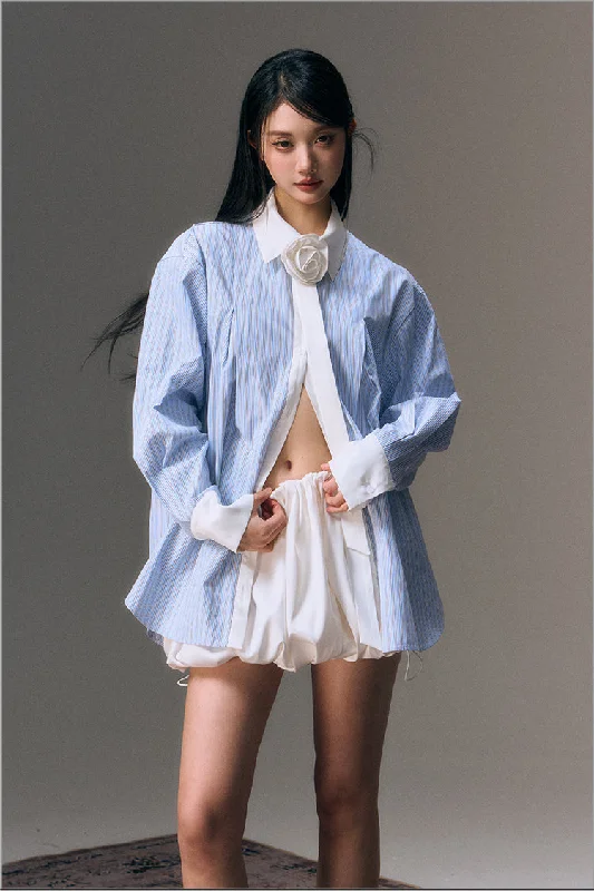 Striped Satin Panel Lapel Long-sleeved Shirt/Casual Versatile Puffy Bud Skirt AGM0007-- Fleece Nylon Spandex Striped Satin Panel Lapel Long-sleeved Shirt/Casual Versatile Puffy Bud Skirt AGM0007-- Fleece Nylon Spandex