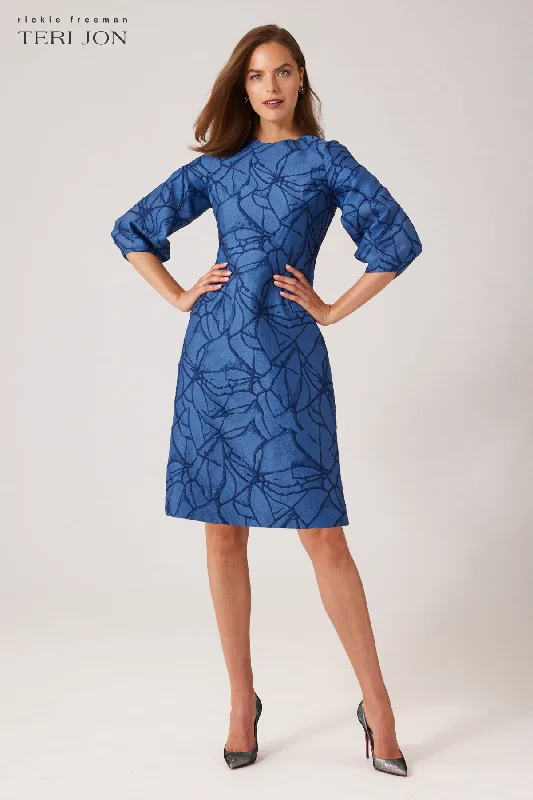 Balloon Sleeve Jacquard A-Line Dress Pencil Office Professional