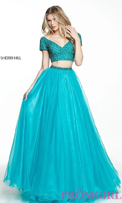 Short-Sleeve Sherri Hill Two-Piece Prom Dress Crew Neckline Casual