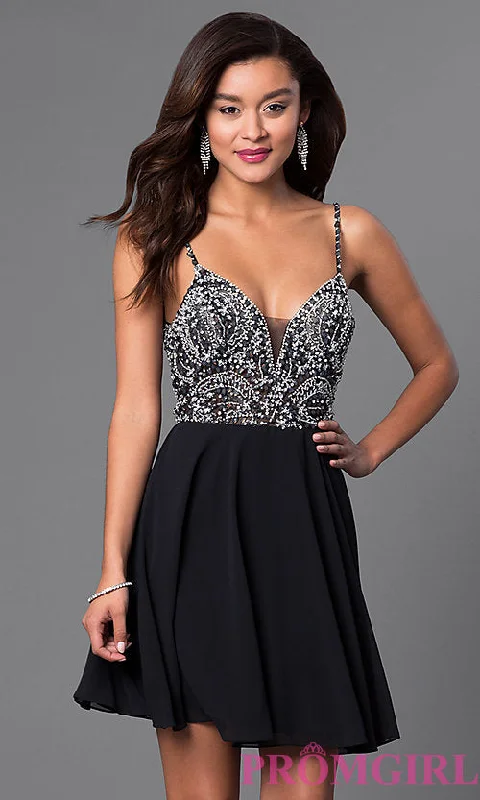 Short Illusion Jeweled-Bodice Homecoming Dress Tunics Fashionable chic