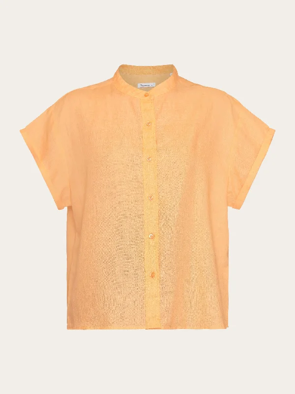 Collar stand short sleeve linen shirt - Cadmium Orange-- Spandex Blend Rayon Blend Denim Blend Collar stand short sleeve linen shirt - Cadmium Orange-- Spandex Blend Rayon Blend Denim Blend