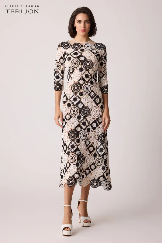 Crochet Geometric Print Midi Scallop Dress Tunics Prom sequined