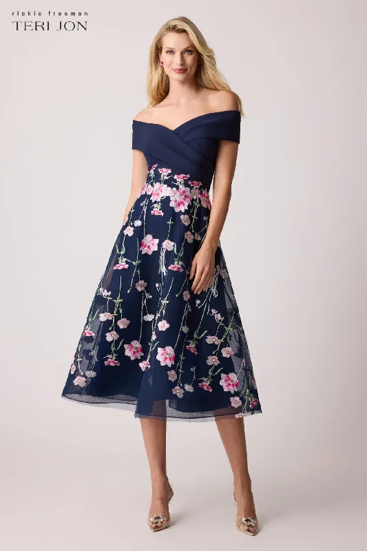 Crepe Off The Shoulder Embroidered Tulle Dress Tunics Polka dots