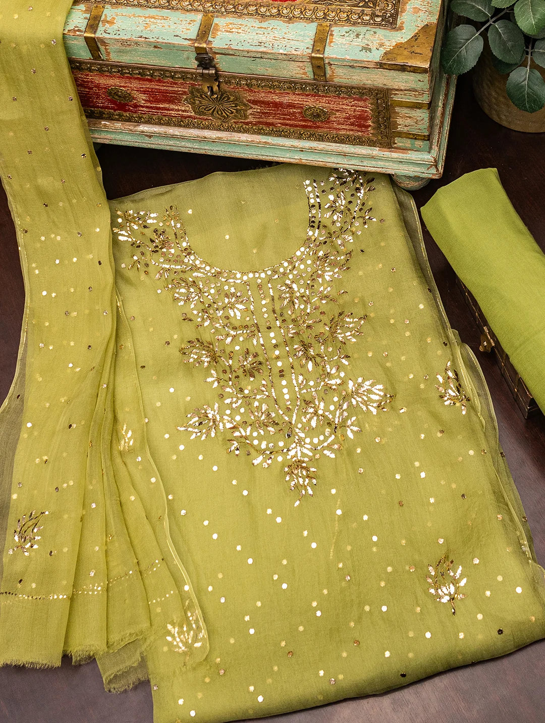 Embroidered Moss Green Organza Dress Material Tunic Top Casual