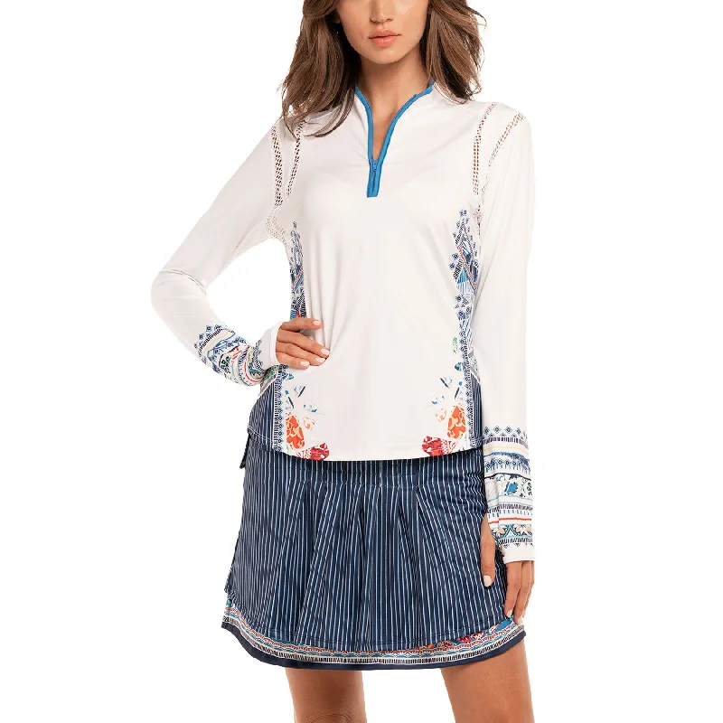 Lucky in Love Playing in Paradise Aegean Blue Womens Long Sleeve Golf Shirt-- Houndstooth Herringbone Solid